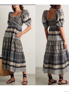 Sea Smocked Midi Dress in Gray, Blue and Cream